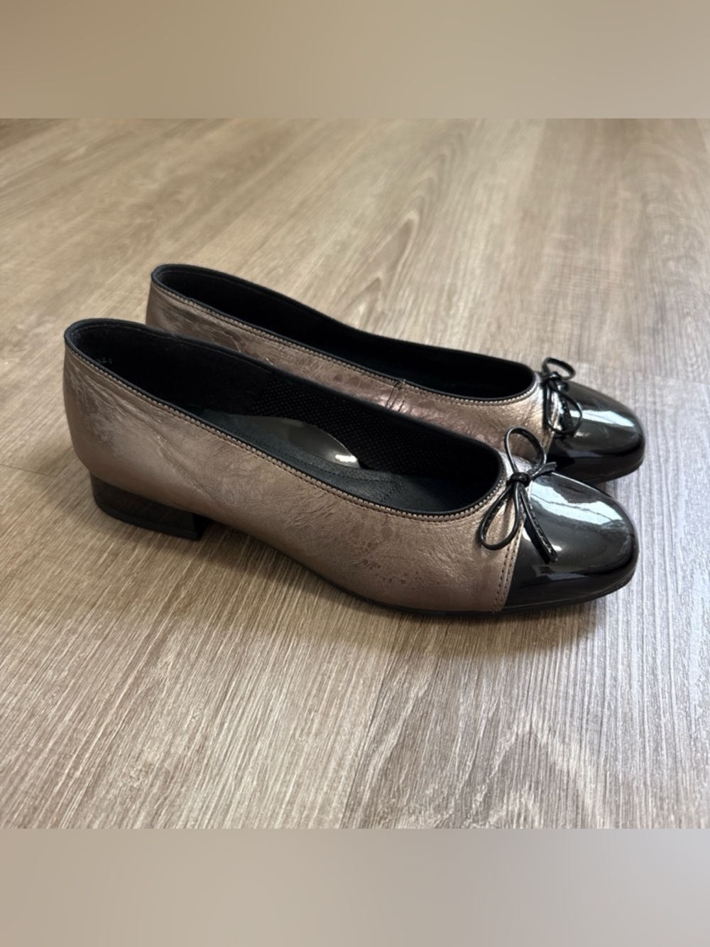 Ara Belinda Leather Ballet Pumps Shoes With Bow Metallic And Black Patent Size 7